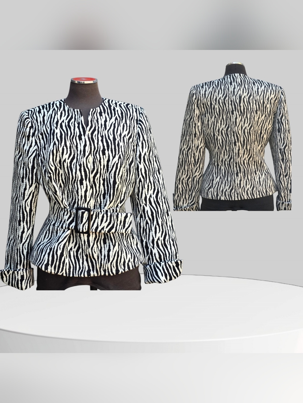 Liz Claiborne Zebra Print Belted Blazer Size 12 🖤 Statement Jacket Chic & Bold